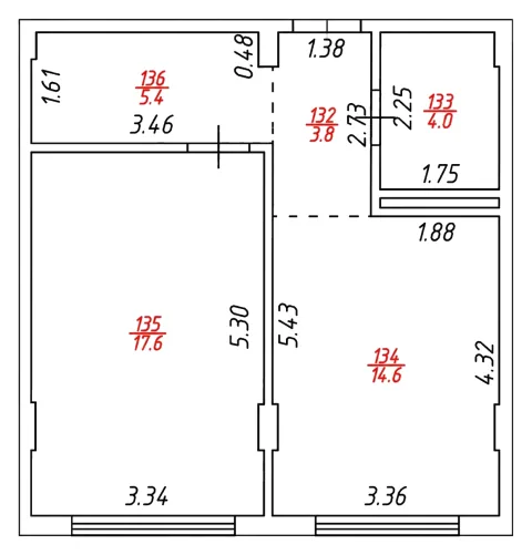 1-комнатная - 45,4 м²